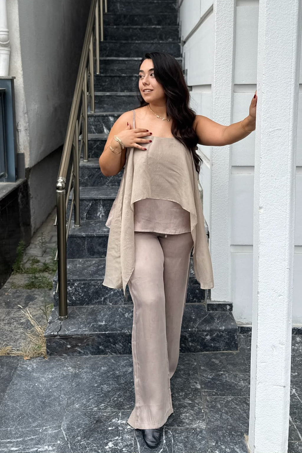 Şifon Garnili Bluz Pantolon Takımı