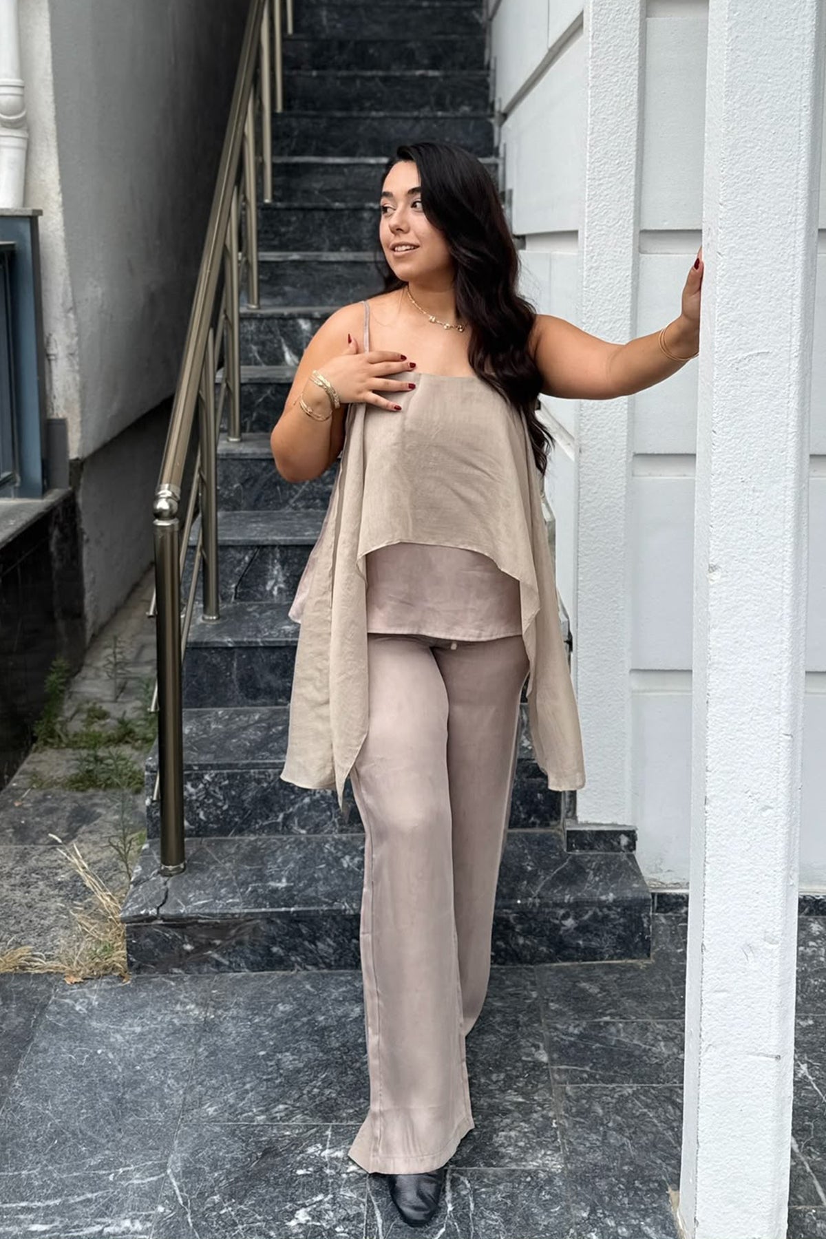 Şifon Garnili Bluz Pantolon Takımı