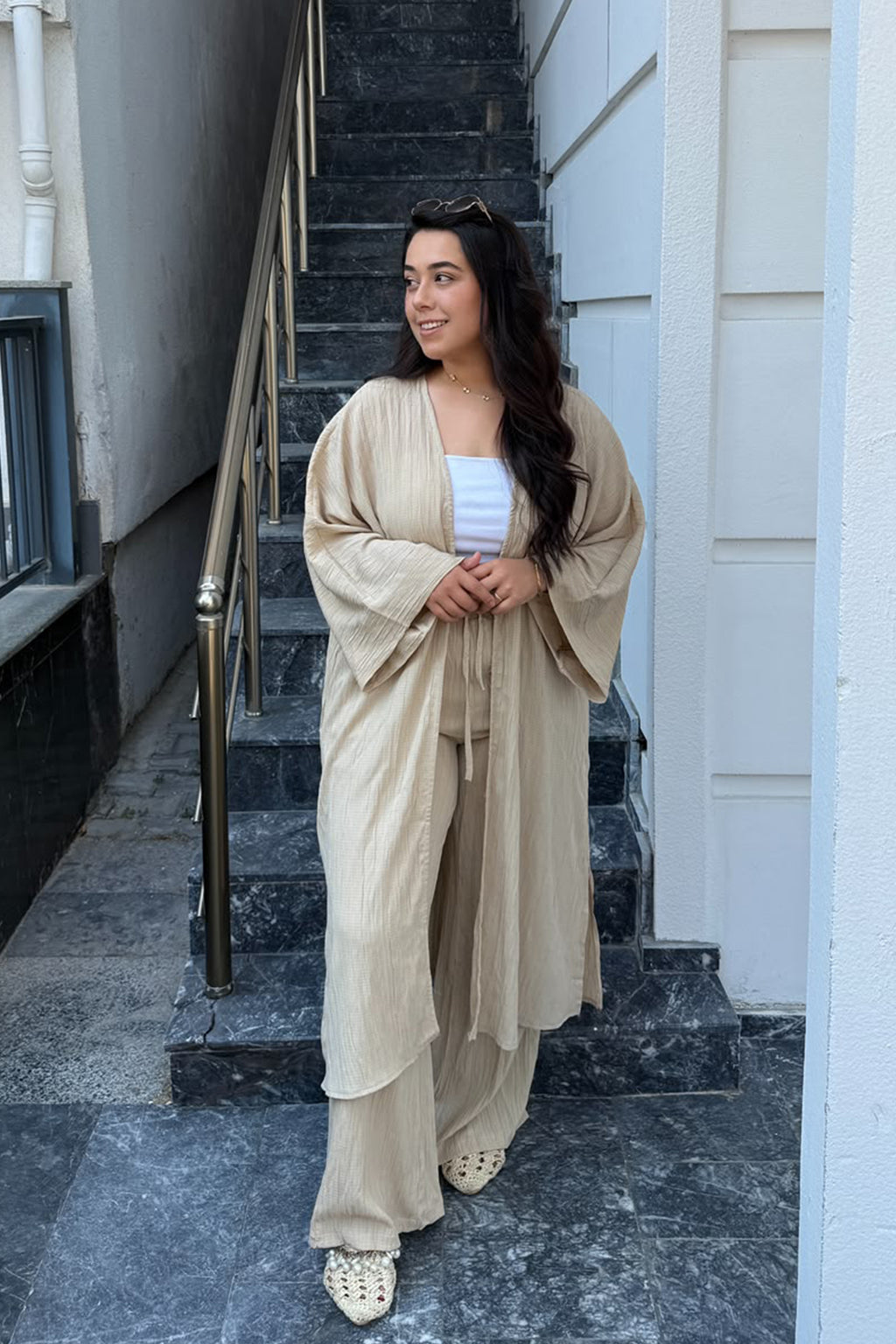 Gofre Kimono Palazzo Pantolon Takımı-Bej