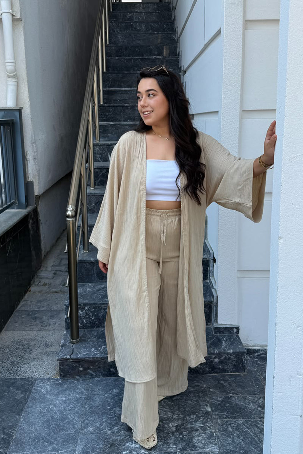 Gofre Kimono Palazzo Pantolon Takımı-Bej