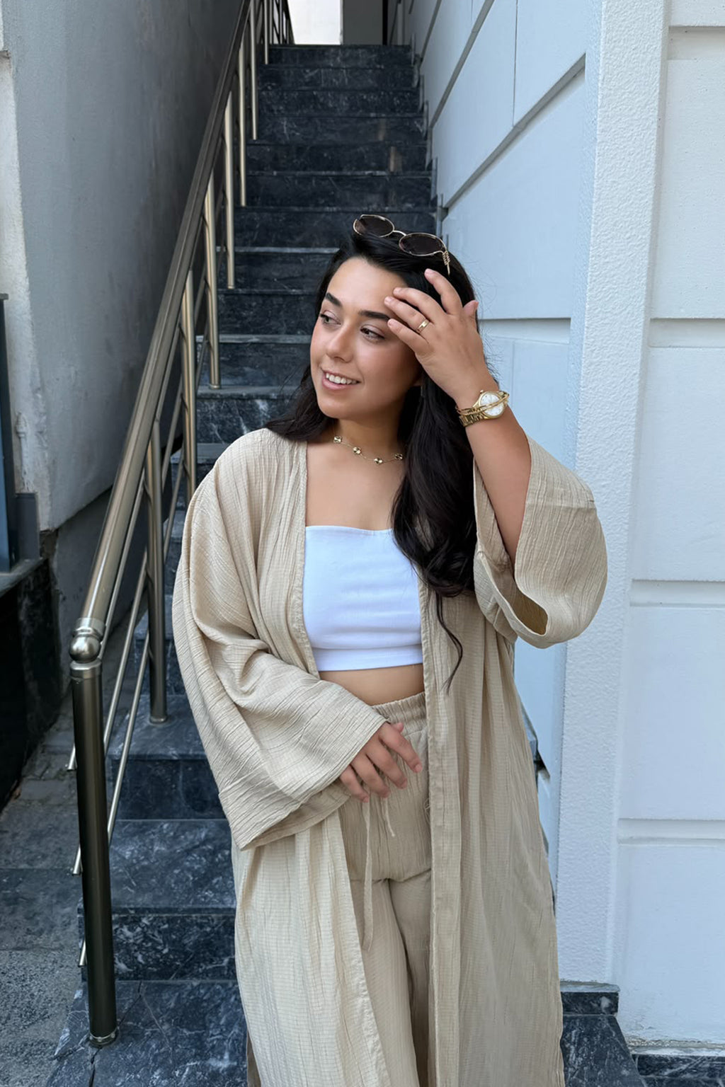 Gofre Kimono Palazzo Pantolon Takımı-Bej