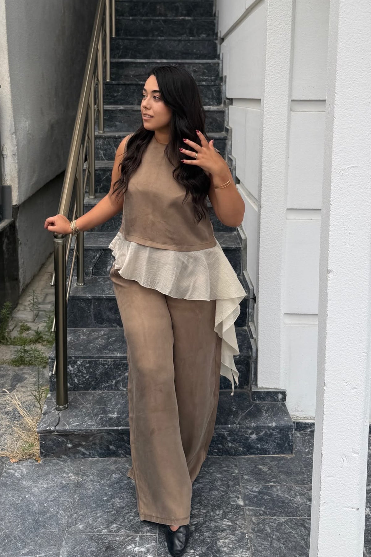 Garnili Kumaş Volan Detaylı Şampanya İkili Takım