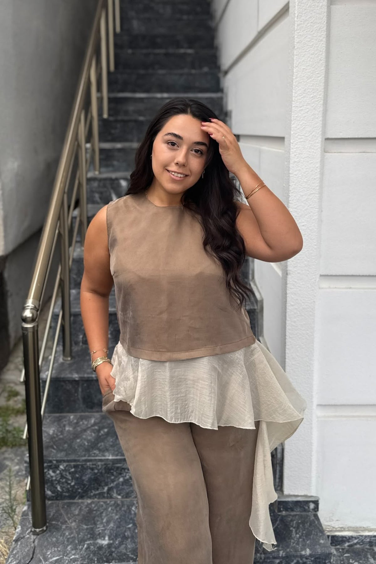 Garnili Kumaş Volan Detaylı Şampanya İkili Takım