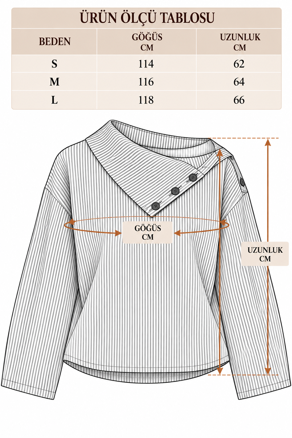Asimetrik Yaka Düğme Detaylı Çizgili Oversize Gömlek