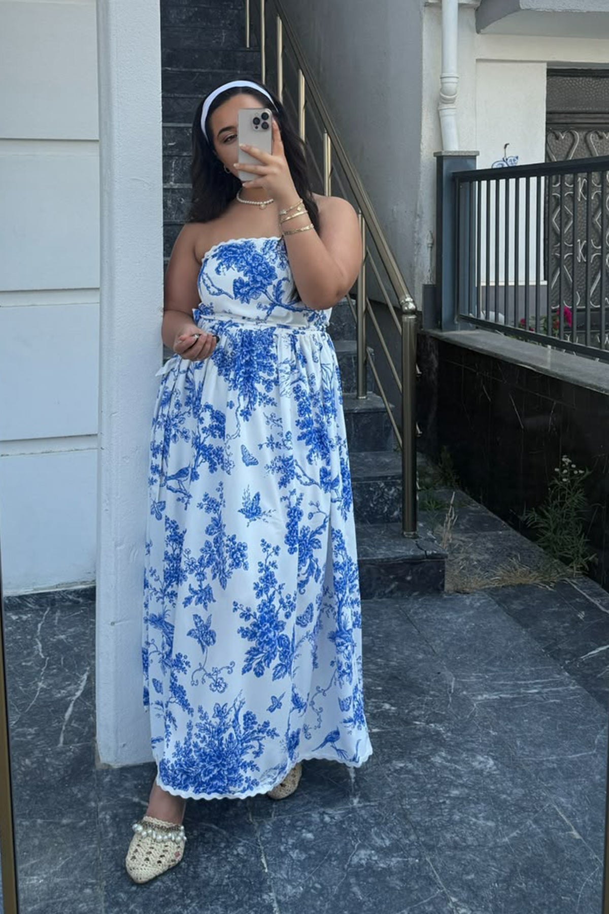 Vintage Desen Straplez Elbise