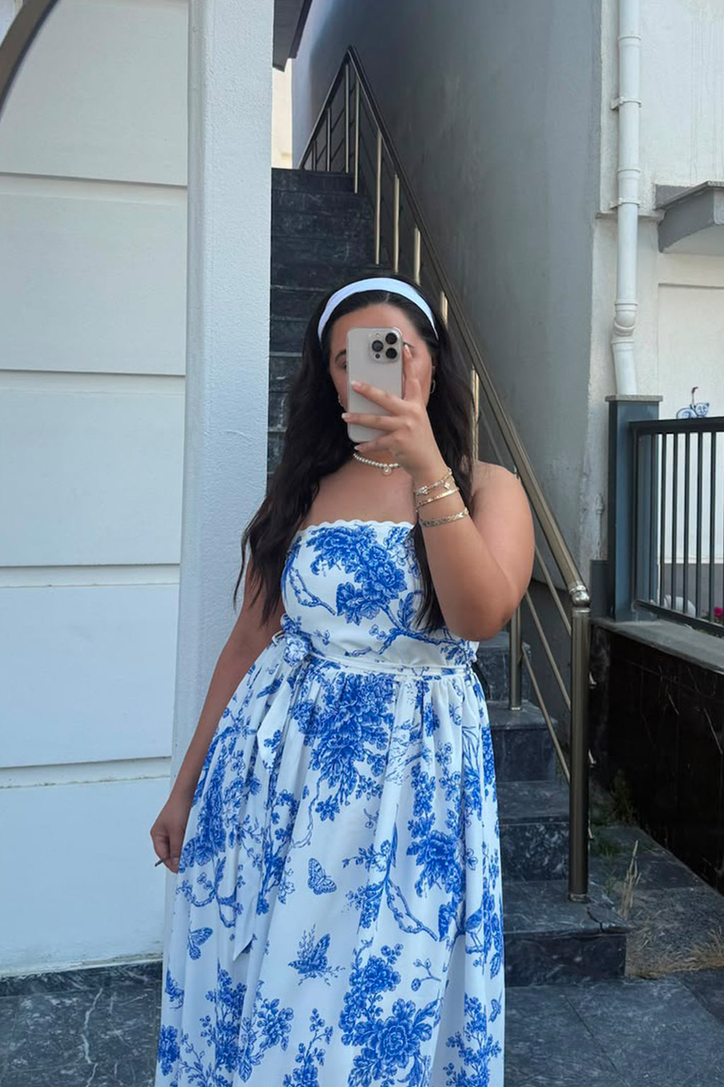 Vintage Desen Straplez Elbise
