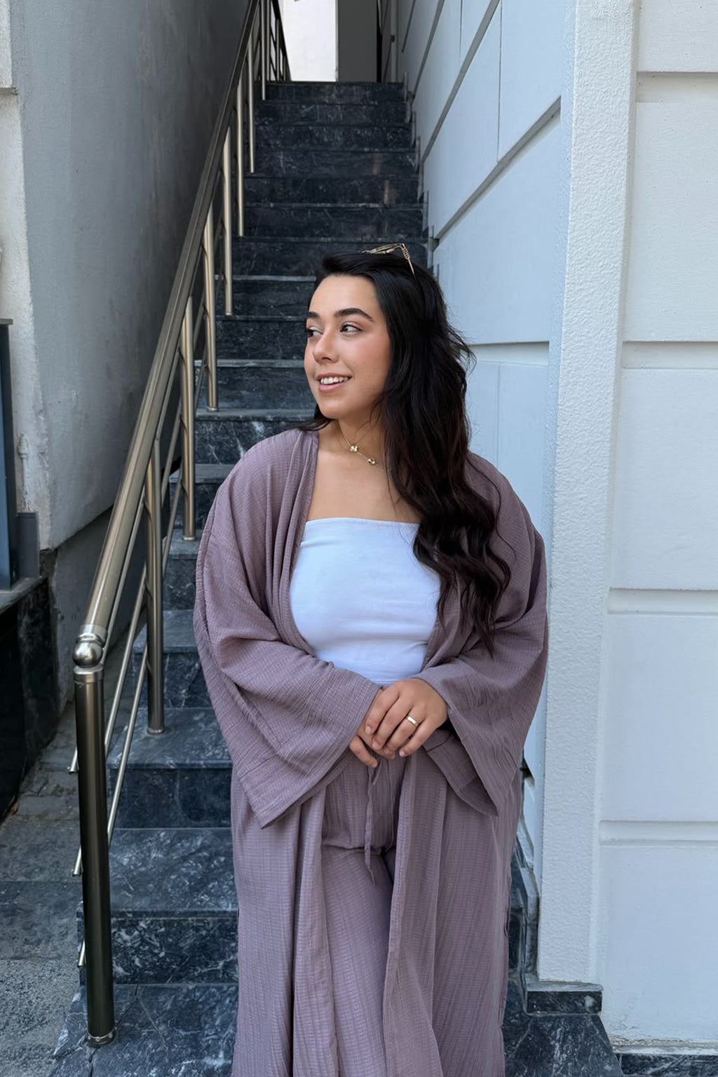 Gofre Kimono Palazzo Pantolon Takımı-Mürdüm