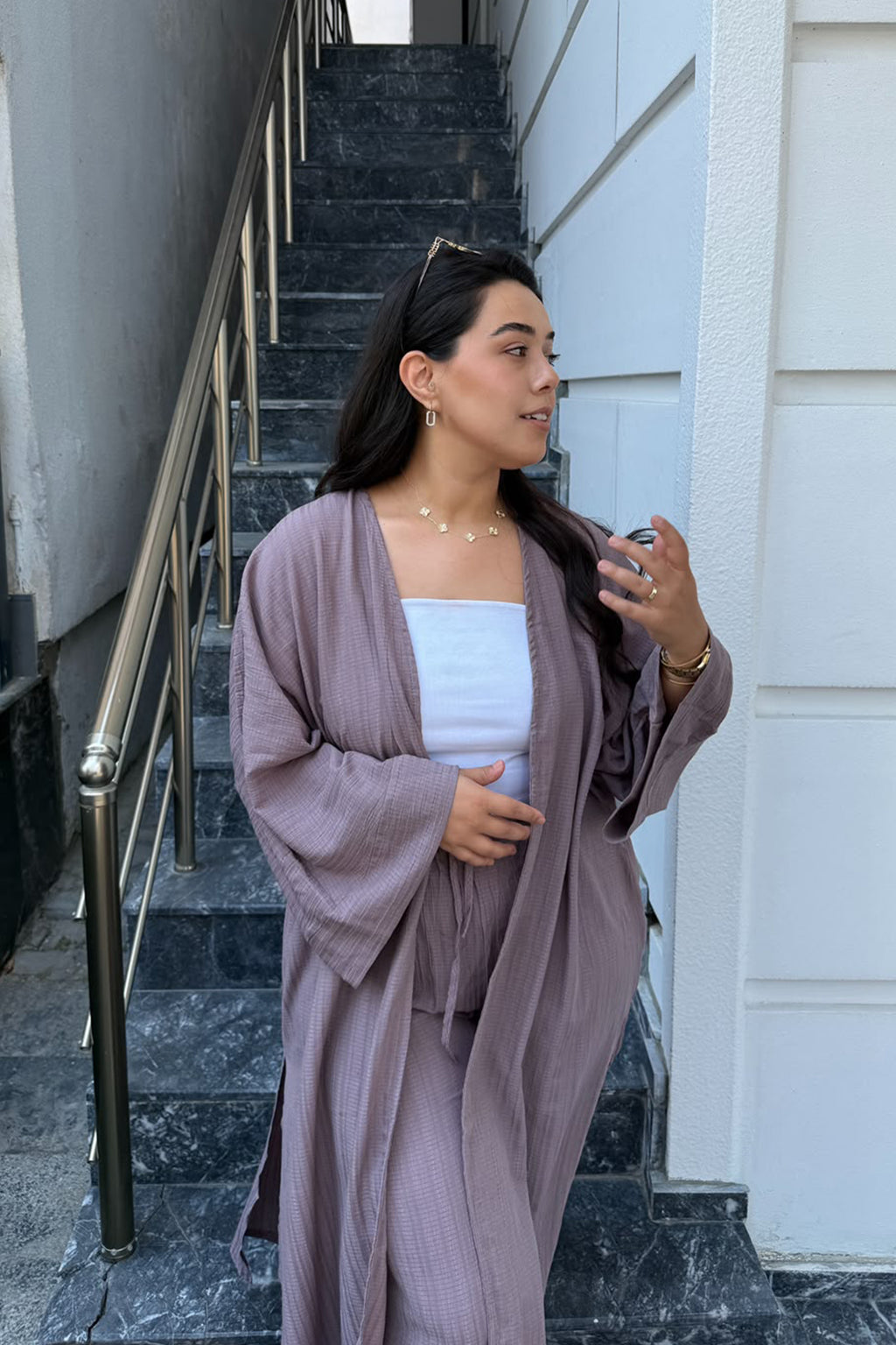 Gofre Kimono Palazzo Pantolon Takımı-Mürdüm