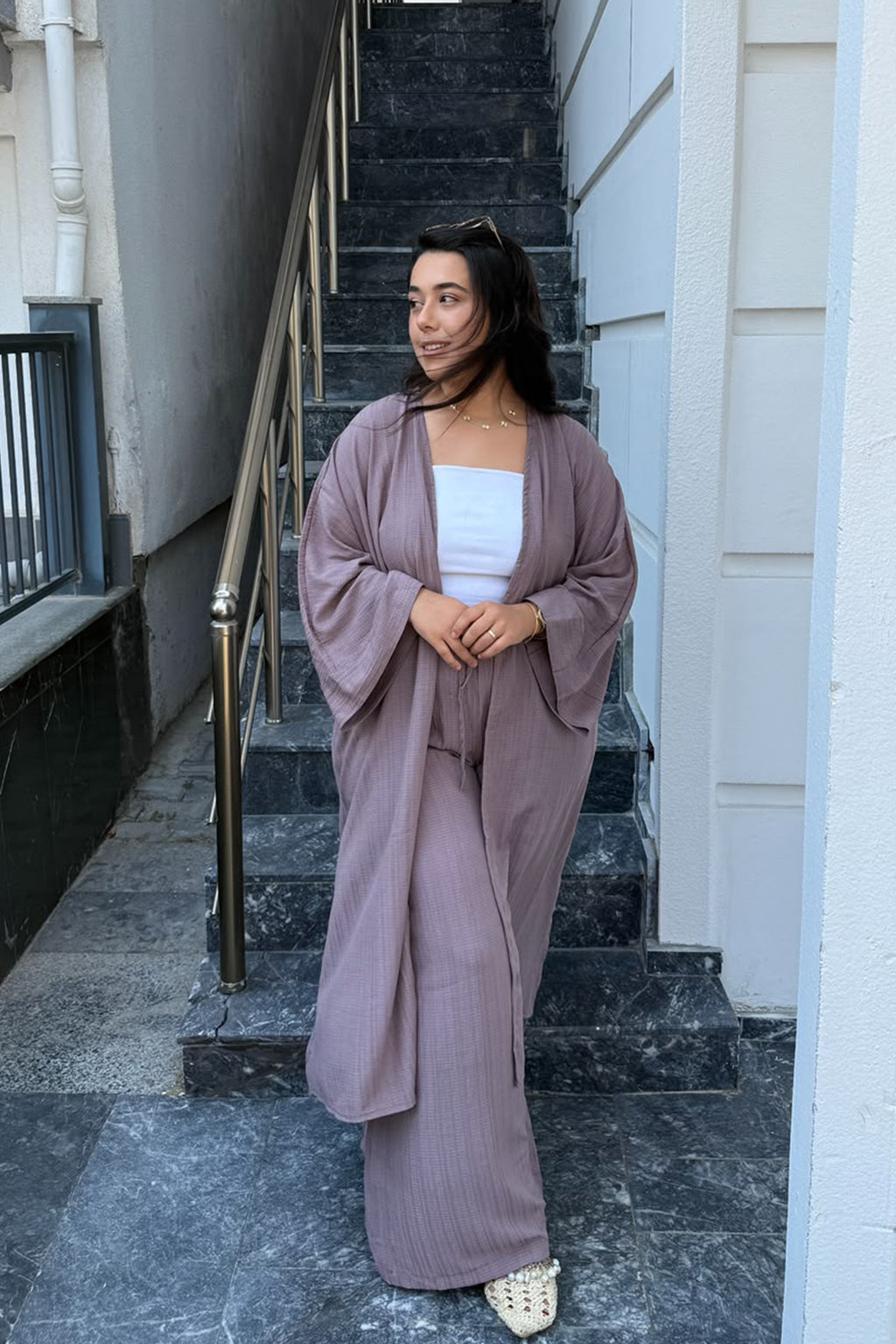 Gofre Kimono Palazzo Pantolon Takımı-Mürdüm