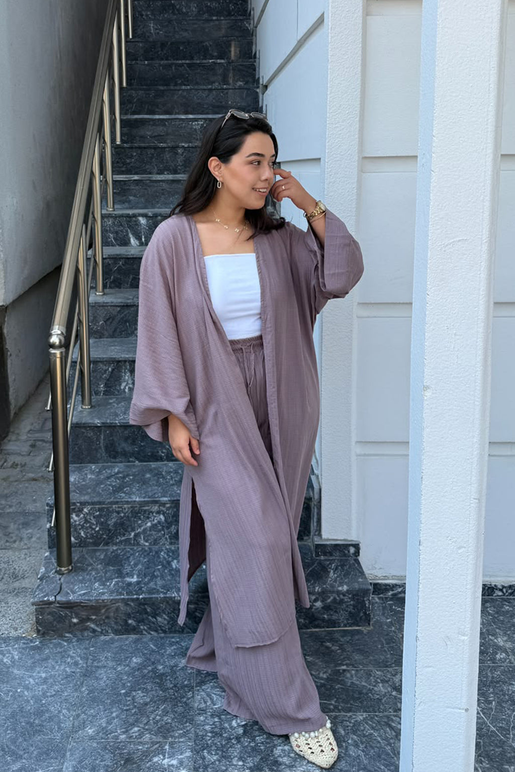 Gofre Kimono Palazzo Pantolon Takımı-Mürdüm