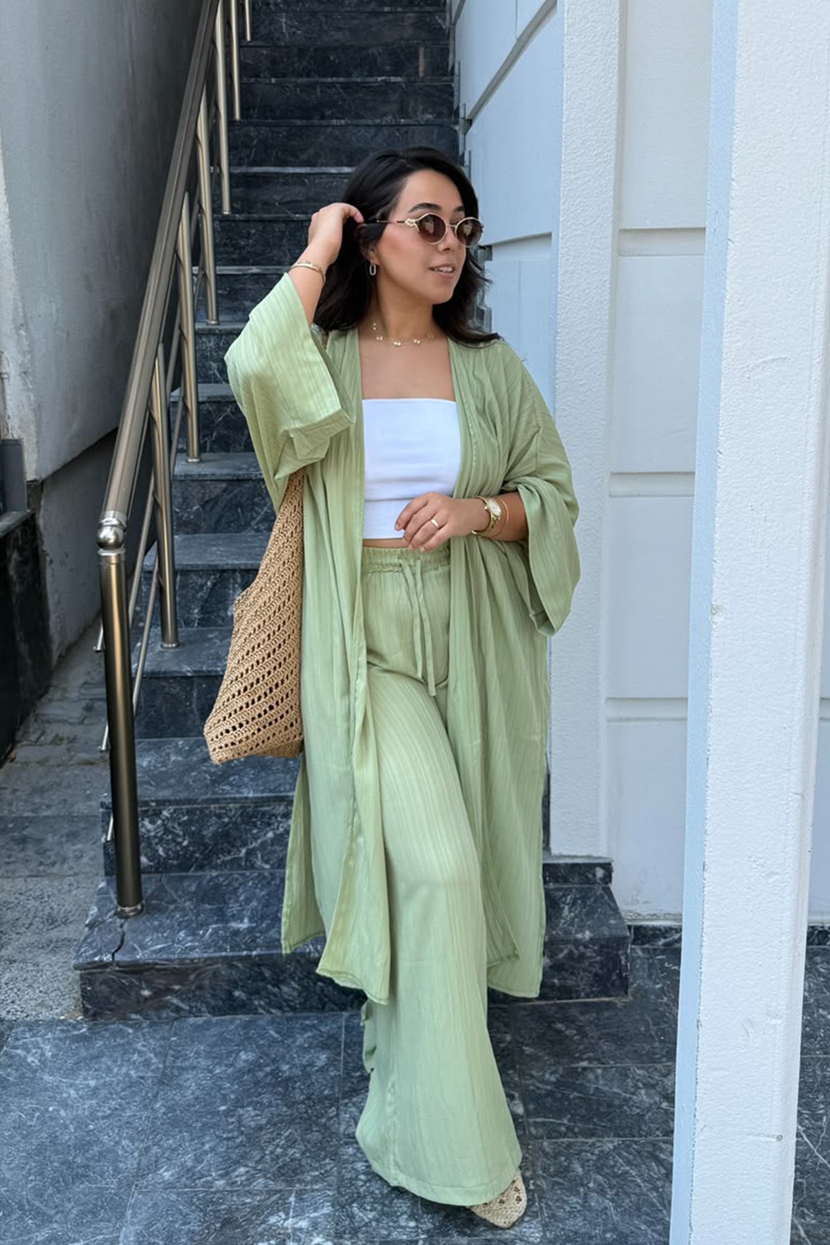 Gofre Kimono Palazzo Pantolon Takımı-YEŞİL