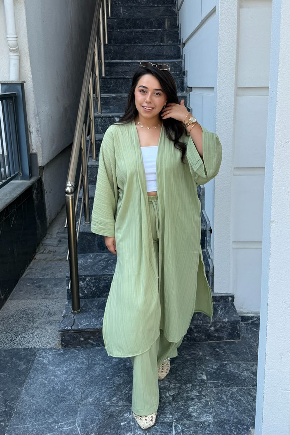 Gofre Kimono Palazzo Pantolon Takımı-YEŞİL