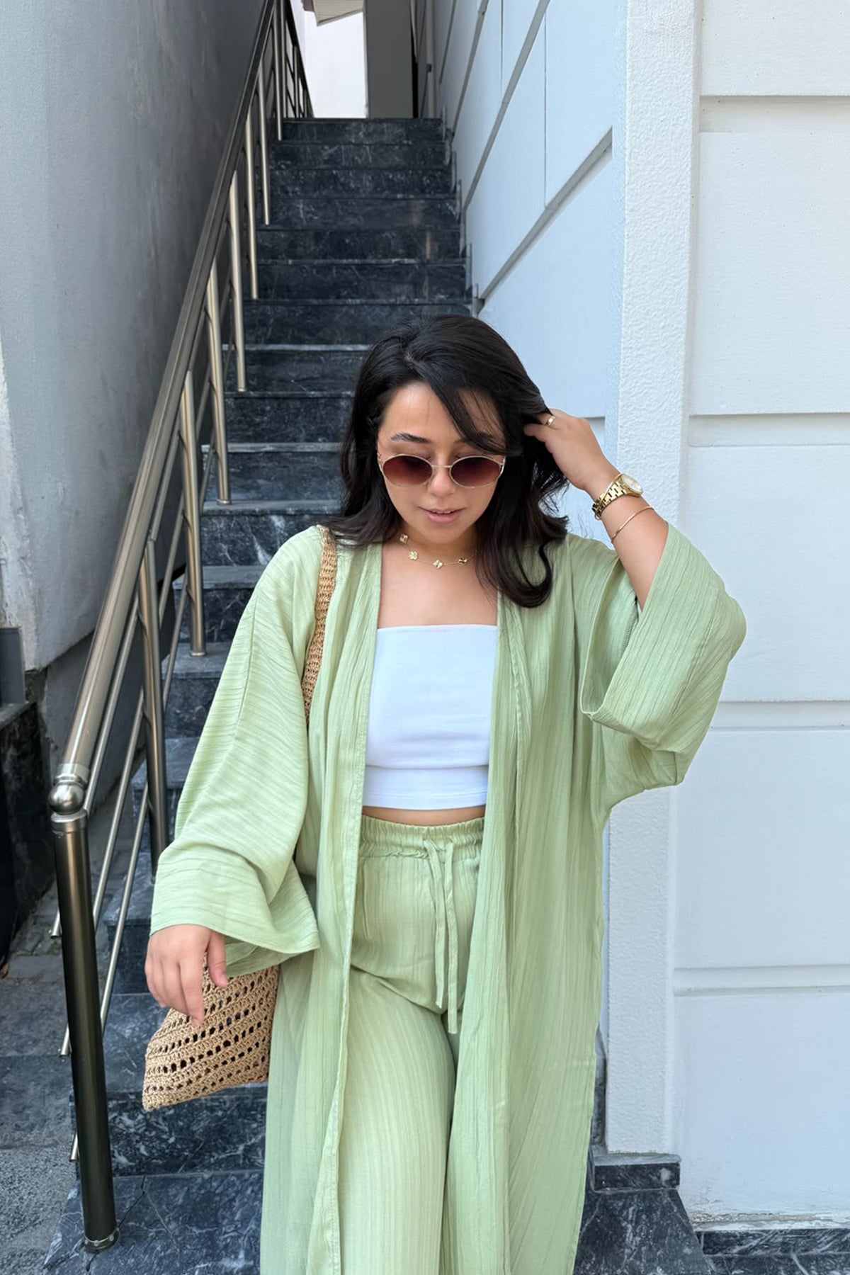 Gofre Kimono Palazzo Pantolon Takımı-YEŞİL